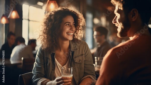 A couple sitting at a bar table, engaged in conversation and enjoying each other's company.