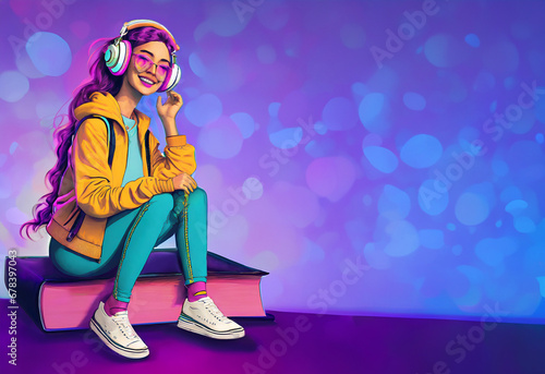 Ilustração estilosa de uma garota jovem vestida com roupas dos anos 90 sentada em cima de um livro gigante curtindo música em seu headphone, fundo abstrato e espaço para cópia. photo