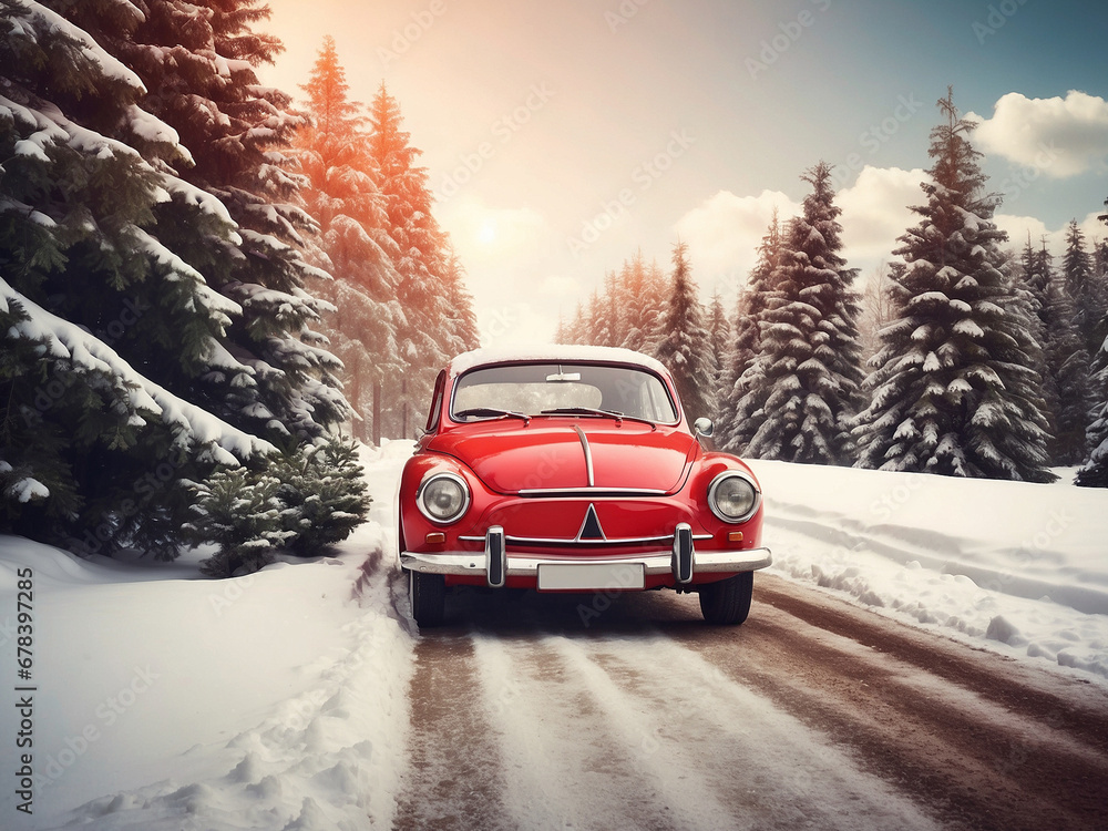 Red retro car on the road in snowy forest at winter at sunny day with Christmas mood