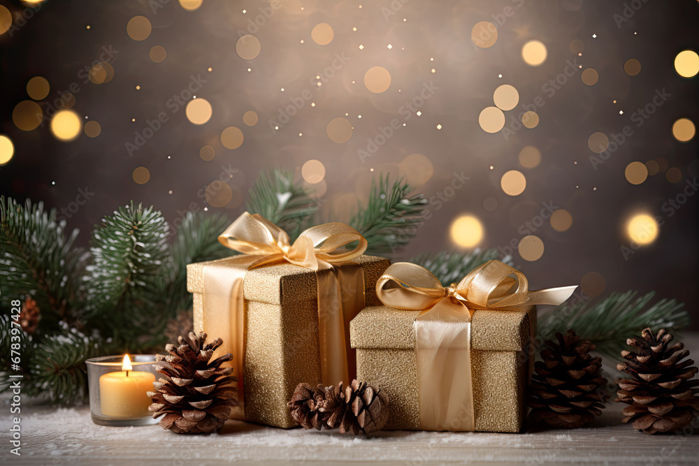 Christmas background and bokeh lights background. Gift boxes, candles and pine branches Christmas background and bokeh lights background. Gift boxes, candles and pine branches