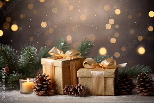 Christmas background and bokeh lights background. Gift boxes, candles and pine branches © LiliGraphie