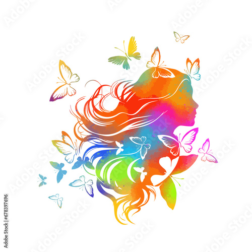 Woman Profile, Colorful Butterflies, Girl's head with butterflies. hand drawing. Not AI. Vector illustration