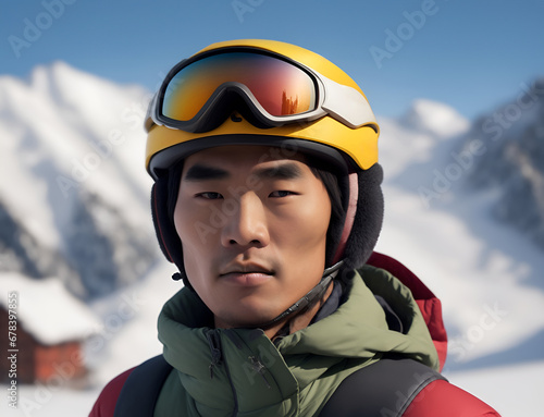Portrait of an asian alpinist guy against a backdrop of snowy peaks © Gaston