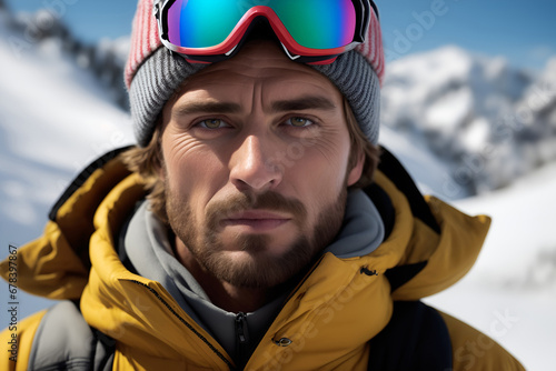 Portrait of an alpinist guy against a backdrop of snowy peaks © Gaston