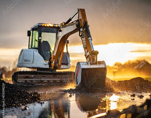 Excavator working in the rain and sunset for long construction working hours