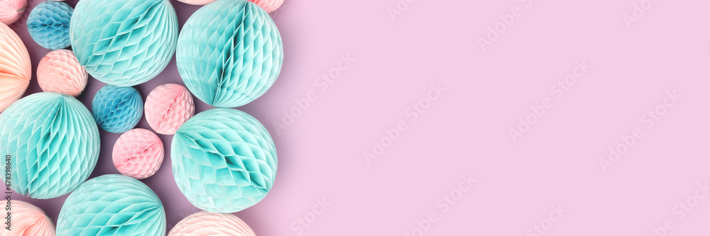Banner with tissue paper balls on a purple background. Creative concept. Banner with tissue paper balls on a purple background. Creative concept.