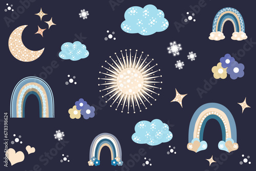 Baby boho set. Cute bohemian rug, tapestry, poster. Cartoon rainbow, sun, stars, moon, flowers, snowflakes, clouds.