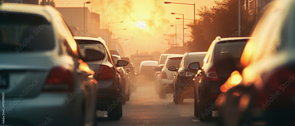 Cars in a traffic jam on the road in a metropolis filled with smog in the morning at sunrise