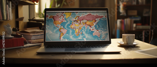 Laptop with World Map Display on Table Interior  Travel Planning