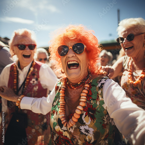Elderly women and men with red hair in national costumes dance Irish dances, laugh and smile, the concept of an active lifestyle at any age 