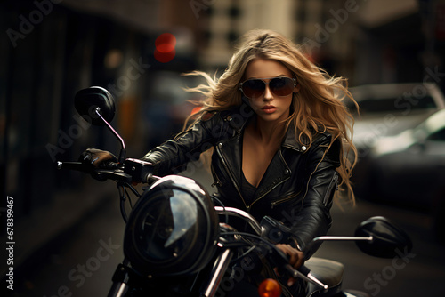biker girl with flowing blonde hair and leather jacket