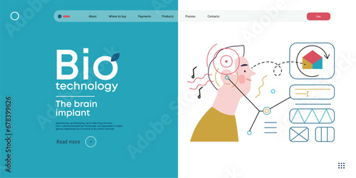Bio Technology, Brain implant, Neural upgrade -modern flat vector concept illustration of brain implant, integration, enhanced cognitive abilities. Pushing boundaries of potential, neural upgrades