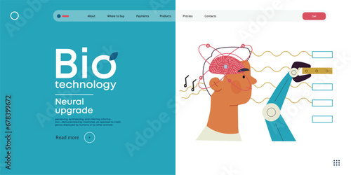 Bio Technology, Brain implant, Neural upgrade -modern flat vector concept illustration of brain implant, integration, enhanced cognitive abilities. Pushing boundaries of potential, neural upgrades