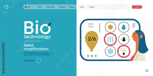 Bio Technology, Seed Modification -modern flat vector concept illustration of scientists choosing features for a seed, genetic modificated variants. Metaphor of direct impact of GMO on vegetation