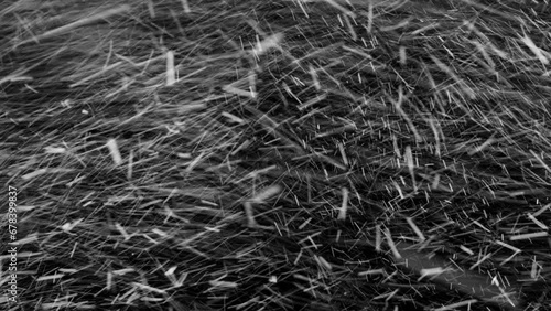 Real snow on black background, strong wind, storm, blizzard isolated black background