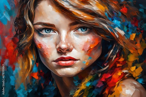 Oil portrait painting in multicolored tones. Abstract picture of a beautiful girl. Conceptual closeup of an oil painting and palette knife on canvas
