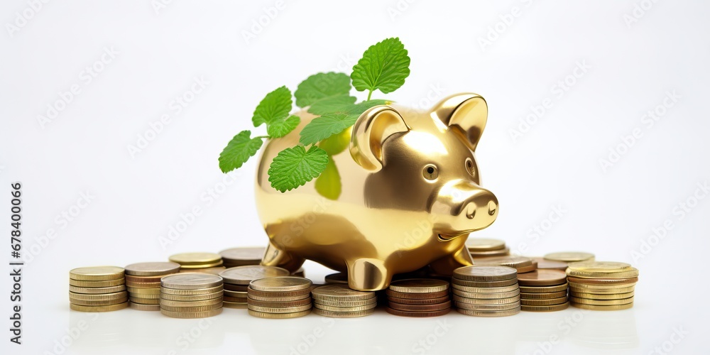Gold pig piggy bank, a stack of gold coins and a green plant growing ...