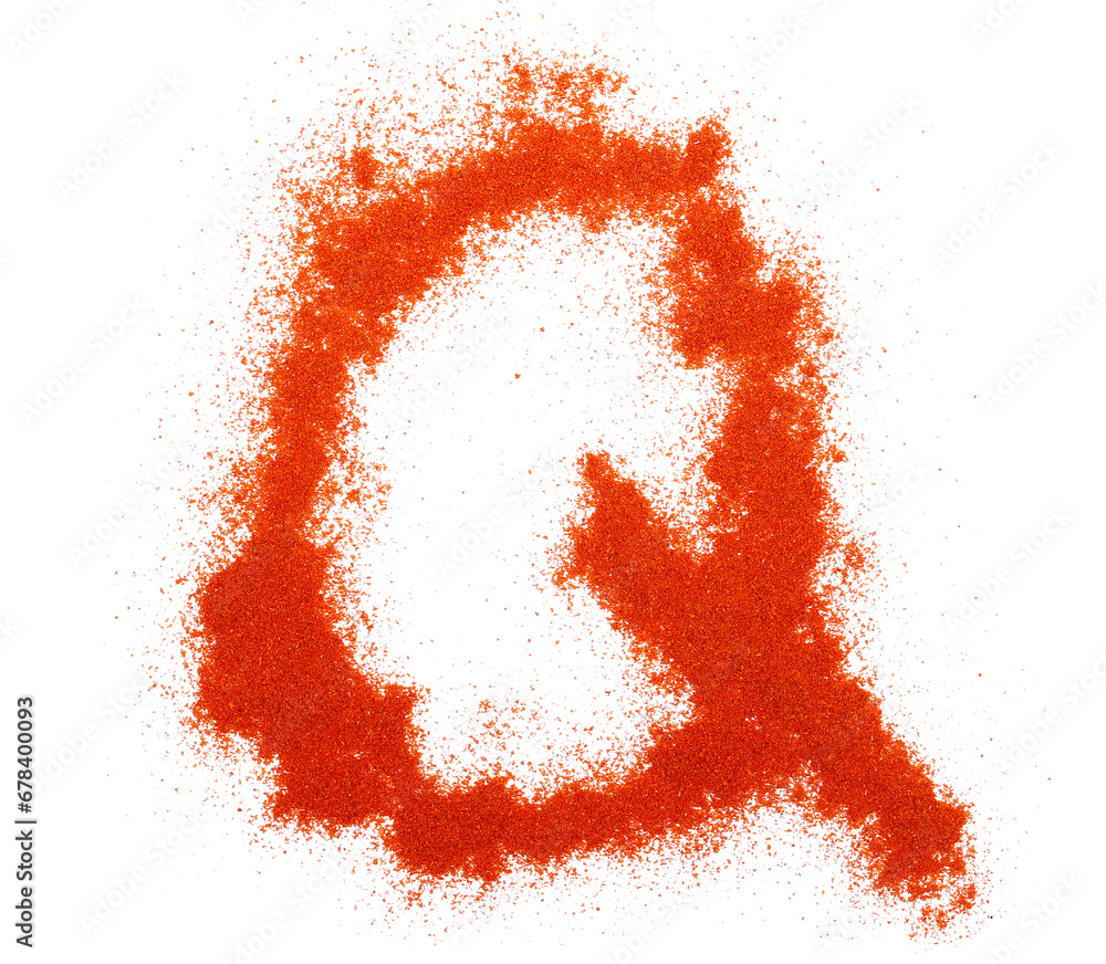 Red paprika powder alphabet letter Q, symbol isolated on white, clipping path