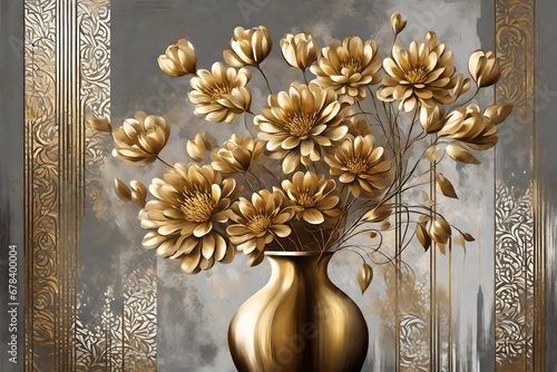 modern gold painting of abstract figurative vase of flower. The texture of the oriental style of gray and gold canvas with an abstract pattern. artist canvas art collection for decoration and interior #678400004