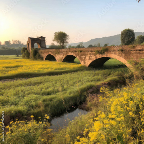 A sprawling mustard field with an old stone bridge 