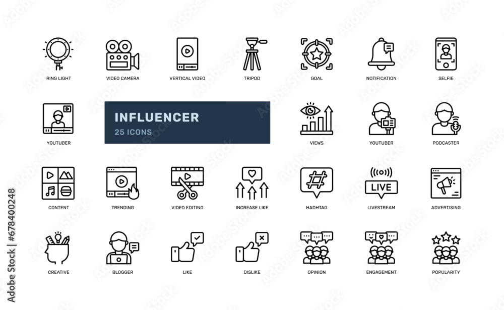 influencer social media youth job profession digital nomad social media detailed outline line icons - obrazy, fototapety, plakaty 
