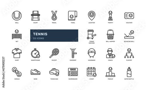 tennis athlete sport competition game training health detailed outline line icon set