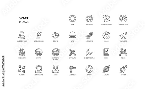 space astronomy futuristic technology cosmos detailed outline line icon set