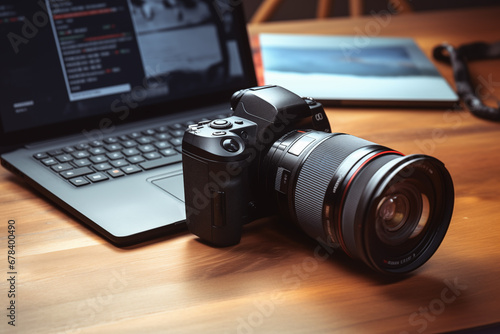 DSLR camera and Laptop on a Table