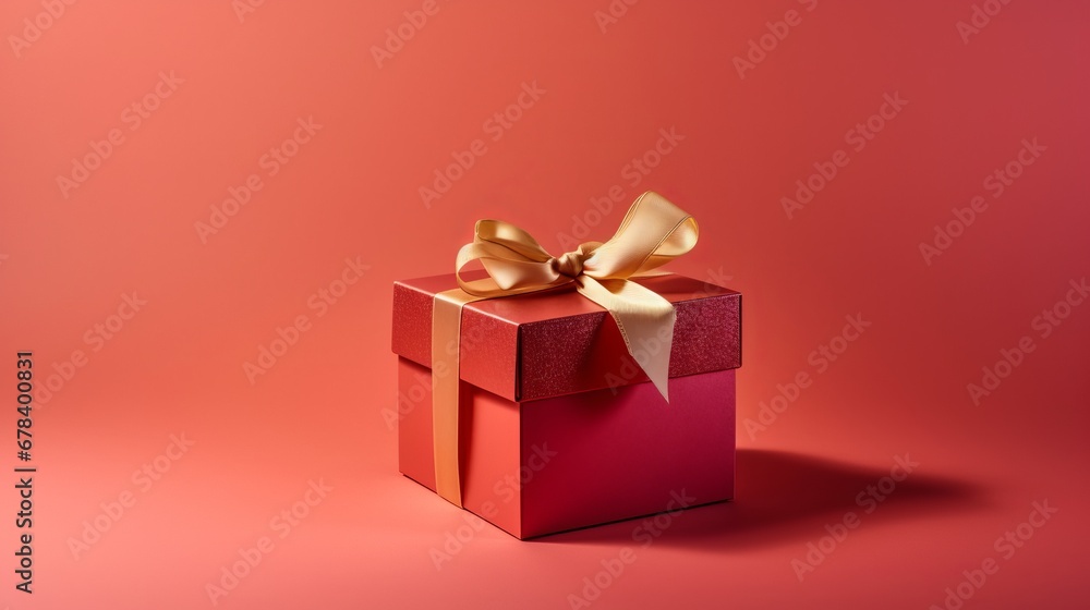 A red gift box with a gold ribbon on a pink background. The concept of holiday photography. Surprise for Valentine's Day, birthday, wedding. Copy space and front view, good focused. New Year concept. A red gift box with a gold ribbon on a pink background. The concept of holiday photography. Surprise for Valentine's Day, birthday, wedding. Copy space and front view, good focused. New Year concept.