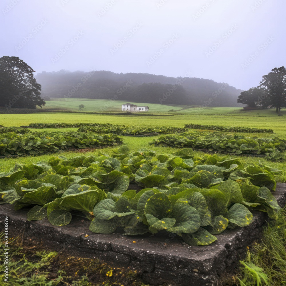 Fototapeta premium A broad field of mustard greens with a stone circle 