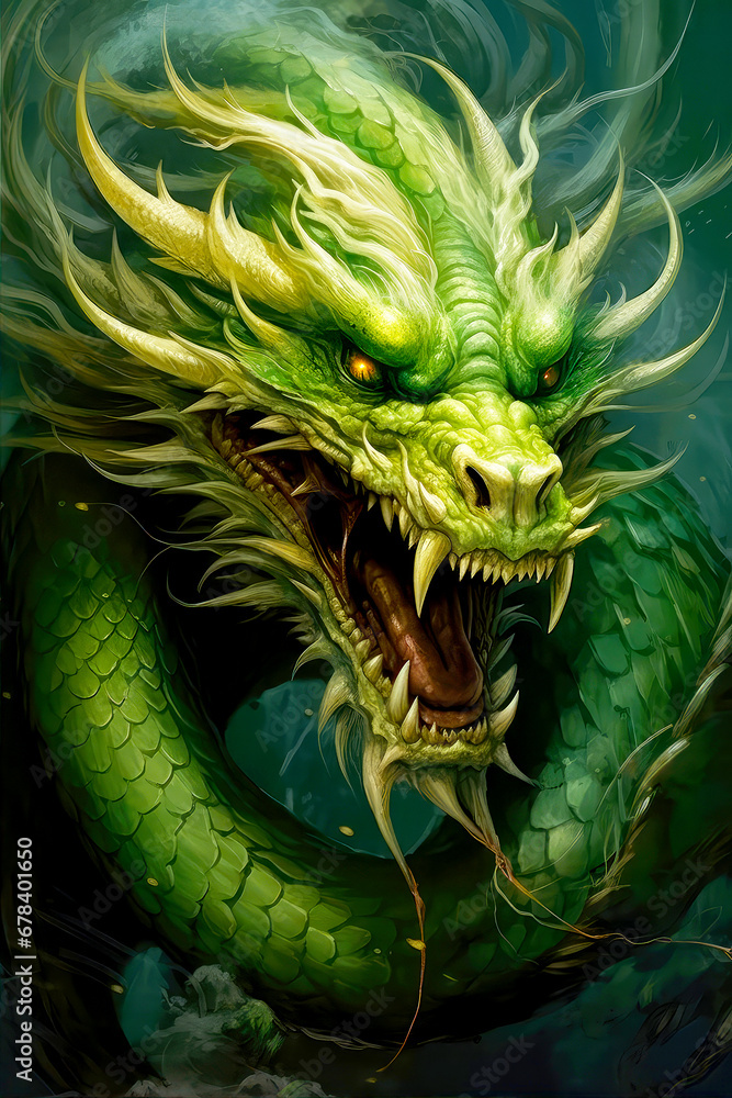 Green fantasy dragon. Chinese New Year 2024 zodiac sign, year of the Dragon. Mythological creature. Illustration of fantastic monster for postcard, book, poster, banner. Green fantasy dragon. Chinese New Year 2024 zodiac sign, year of the Dragon. Mythological creature. Illustration of fantastic monster for postcard, book, poster, banner.
