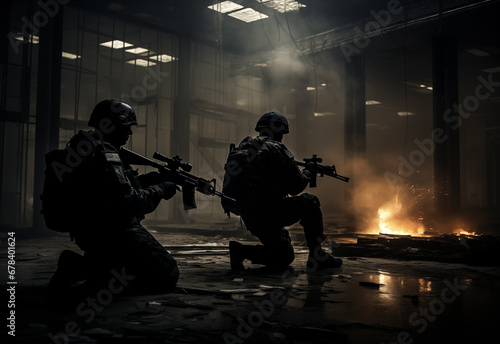 Tactical Squad in Action: Soldiers with Rifles Kneeling in a Smoky Warehouse. Ware Scene.