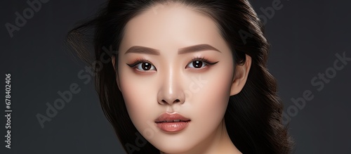 The stunning Asian model with her flawless white complexion expertly brushed the cosmetics onto her face accentuating her natural beauty fashion portrait