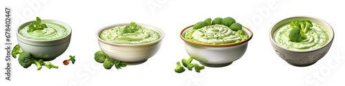 Bowl of broccoli and green peas cream soup Hyperrealistic Highly Detailed Isolated On Transparent Background Png File