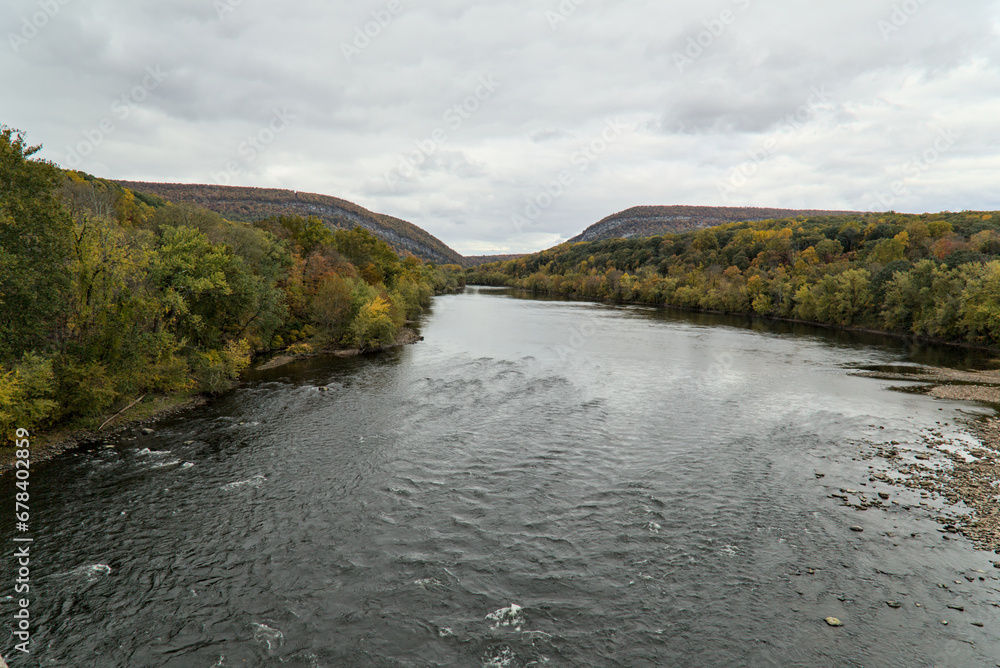 delaware water gap view from viaduct  (autumn with fall colors, trees changing) beautiful landscape Pennsylvania and new jersey border (river, sky, trees, mountains) travel, hiking, walking, scenic