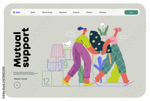 Mutual Support: Assistance with Moving -modern flat vector concept illustration of women collaboratively moving household items A metaphor of voluntary, collaborative exchanges of resource, services