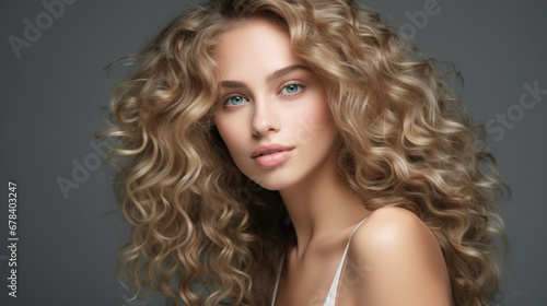 Young woman with clean skin and healthy curly hair. Natural radiance