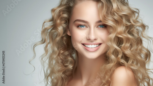 Young woman with clean skin, beautiful teeth and healthy hair. Natural beauty