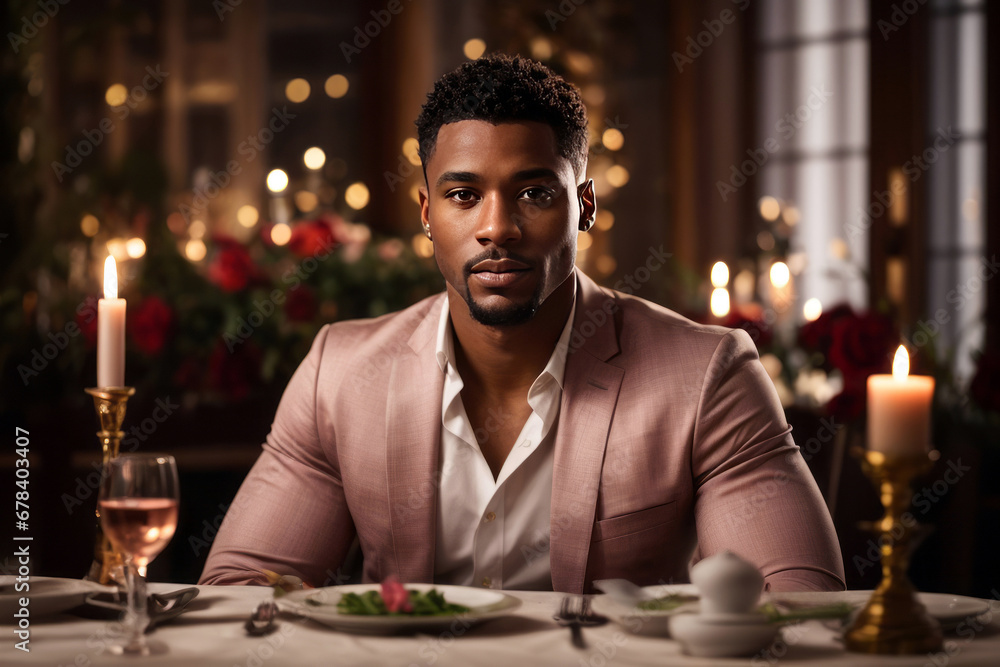Romantic Dinner Date - Across the Table - Stunningly Attractive African American Male Model, created with Generative AI technology
