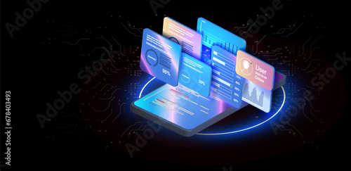 The phone is floating above a dark background with a futuristic circuit board design The screens on the phone display various graphs charts, statistics in neon colors creating a modern and futuristic