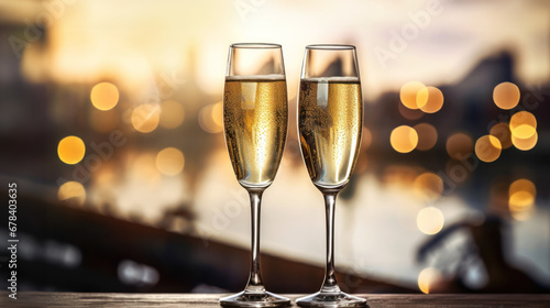 Two champagne goblets brimming with sparkling wine, set against the backdrop of bokeh in the evening sky. A festive and joyous setting © GT77