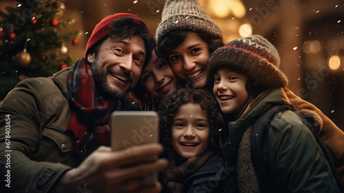 A family in winter clothes takes a selfie on their phone against the backdrop of a Christmas tree.