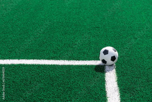 Black and white soccer and football ball in the field. Horizontal sport theme poster  greeting cards  headers  website and app