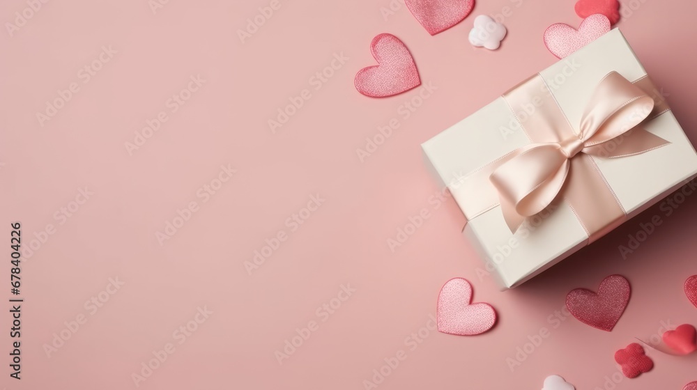 Top view of valentine's day decorations white giftbox with pink silk ribbon bow and small hearts on isolated pastel pink background with copyspace. The concept of holiday surprise for New Year. Top view of valentine's day decorations white giftbox with pink silk ribbon bow and small hearts on isolated pastel pink background with copyspace. The concept of holiday surprise for New Year.