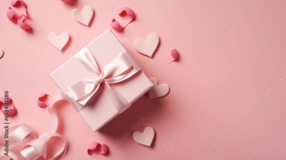 Top view of valentine's day decorations white giftbox with pink silk ribbon bow and small hearts on isolated pastel pink background with copyspace. The concept of holiday surprise for New Year. Top view of valentine's day decorations white giftbox with pink silk ribbon bow and small hearts on isolated pastel pink background with copyspace. The concept of holiday surprise for New Year.