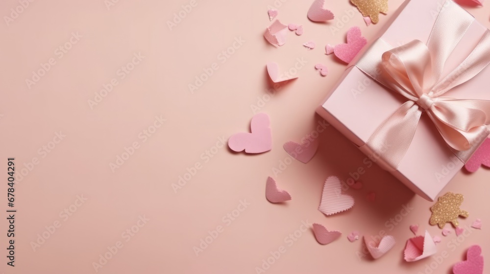 Top view of valentine's day decorations white giftbox with pink silk ribbon bow and small hearts on isolated pastel pink background with copyspace. The concept of holiday surprise for New Year.