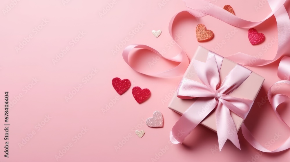 Top view of valentine's day decorations white giftbox with pink silk ribbon bow and small hearts on isolated pastel pink background with copyspace. The concept of holiday surprise for New Year.