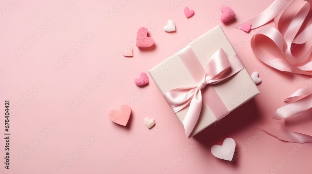 Top view of valentine's day decorations white giftbox with pink silk ribbon bow and small hearts on isolated pastel pink background with copyspace. The concept of holiday surprise for New Year. Top view of valentine's day decorations white giftbox with pink silk ribbon bow and small hearts on isolated pastel pink background with copyspace. The concept of holiday surprise for New Year.