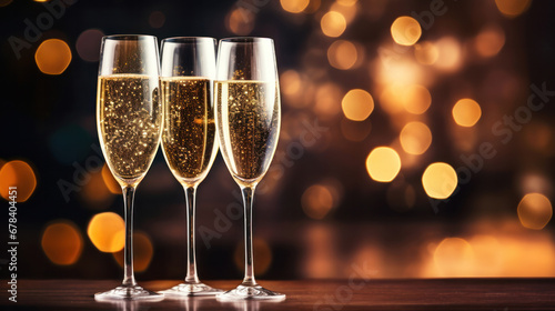Festive banner with copy space. Three wine glasses for champagne with Sparkling drink, with bokeh on background in the nighttime sky. A New Year's Celebration atmosphere