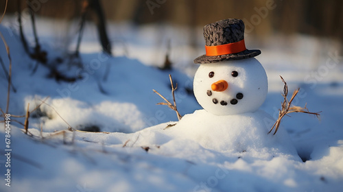 A snowman with a carrot nose and coal buttons